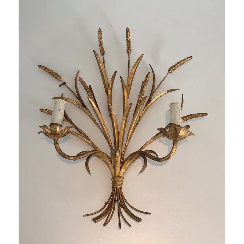 Coco Channel Large Pair of Gilt Metal Ears of Wheat Wall Sconces