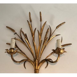 Coco Channel Large Pair of Gilt Metal Ears of Wheat Wall Sconces