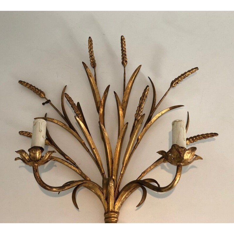Coco Channel Large Pair of Gilt Metal Ears of Wheat Wall Sconces