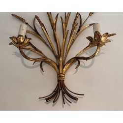 Coco Channel Large Pair of Gilt Metal Ears of Wheat Wall Sconces