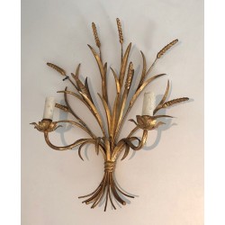 Coco Channel Large Pair of Gilt Metal Ears of Wheat Wall Sconces