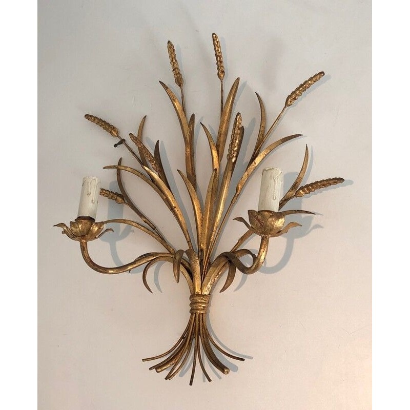 Coco Channel Large Pair of Gilt Metal Ears of Wheat Wall Sconces