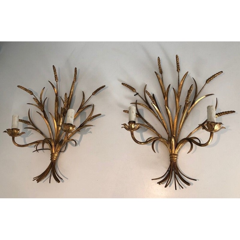 Coco Channel Large Pair of Gilt Metal Ears of Wheat Wall Sconces