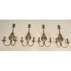 Set of Four Louis XVI Style Chiseled Bronze and Chrome Wall Sconces with Bow and Ribbon Decoration
