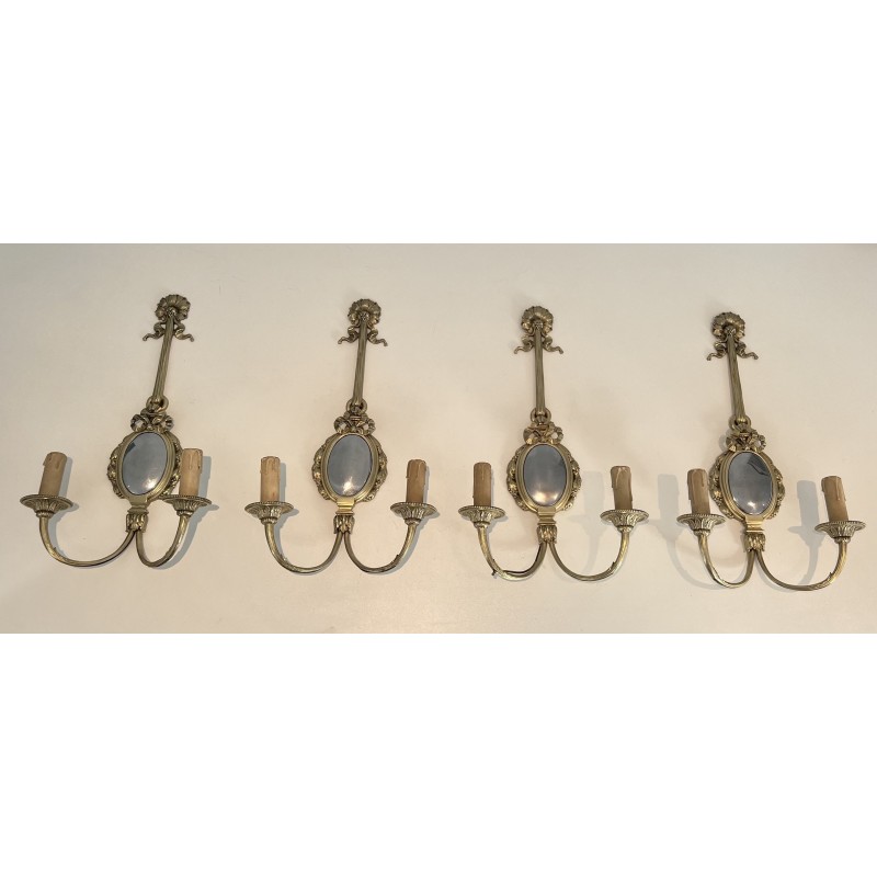 Set of Four Louis XVI Style Chiseled Bronze and Chrome Wall Sconces with Bow and Ribbon Decoration