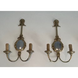 Set of Four Louis XVI Style Chiseled Bronze and Chrome Wall Sconces with Bow and Ribbon Decoration