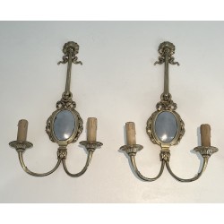 Set of Four Louis XVI Style Chiseled Bronze and Chrome Wall Sconces with Bow and Ribbon Decoration