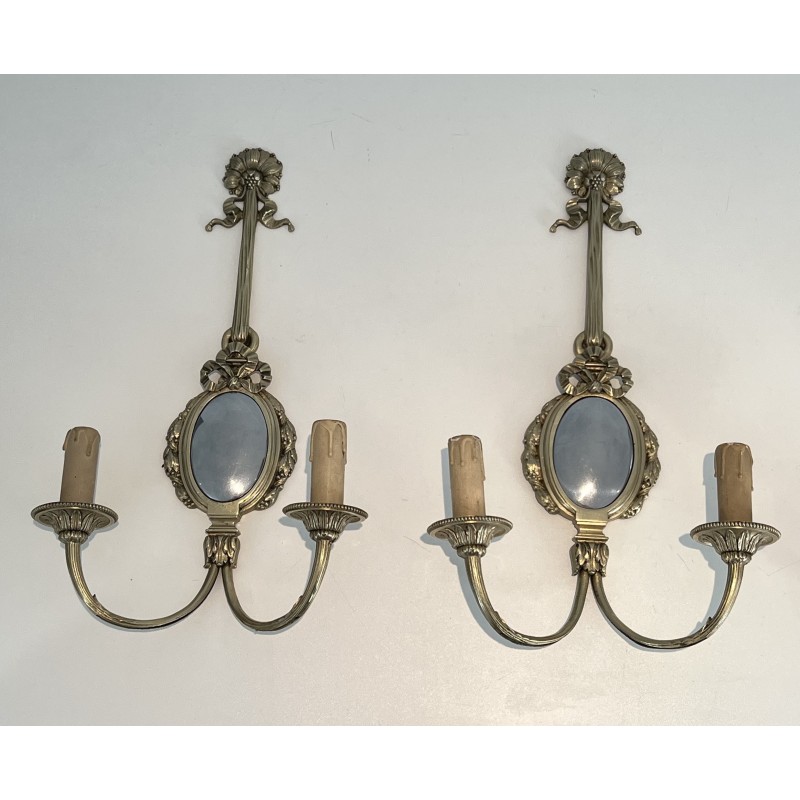 Set of Four Louis XVI Style Chiseled Bronze and Chrome Wall Sconces with Bow and Ribbon Decoration