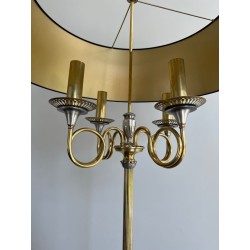 Pair of Neoclassical Steel and Brass Lamps, Hunting Horns, Style of Maison Charles, circa 1940