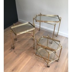 Set of Three Neoclassical Brass Nesting Tables on Casters, Attributed to Maison Baguès