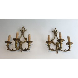 Pair of Large Louis XV Style Three-Light Bronze Wall Sconces