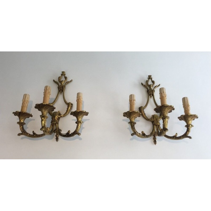Pair of Large Louis XV Style Three-Light Bronze Wall Sconces