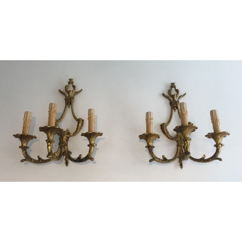 Pair of Large Louis XV Style Three-Light Bronze Wall Sconces