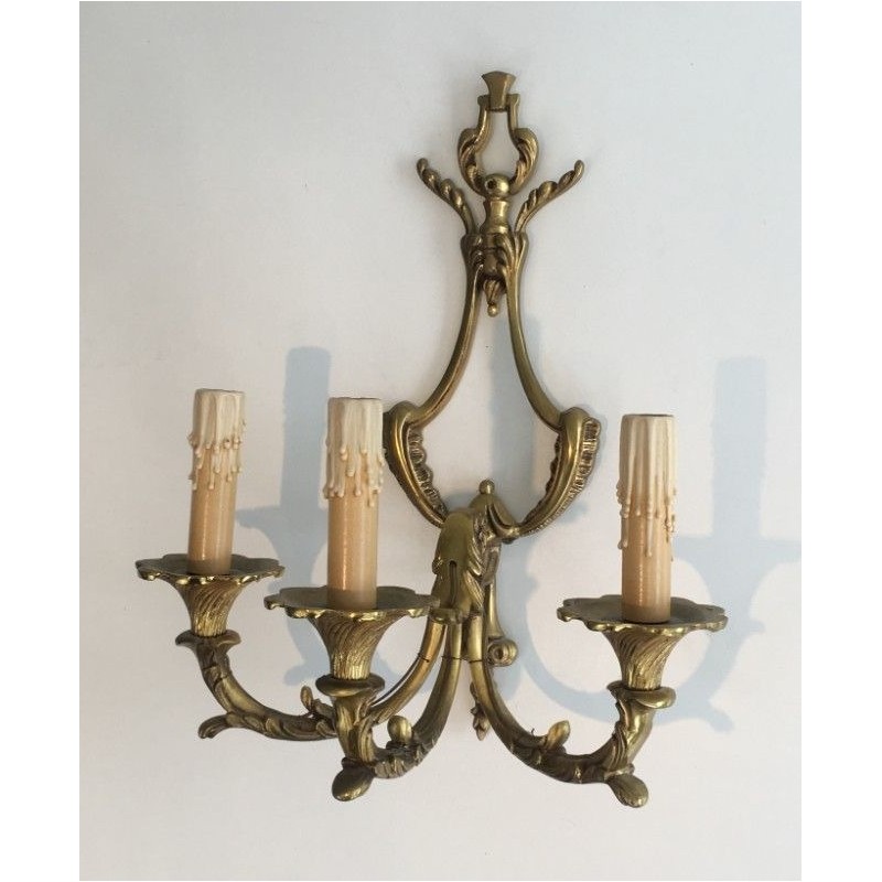 Pair of Large Louis XV Style Three-Light Bronze Wall Sconces
