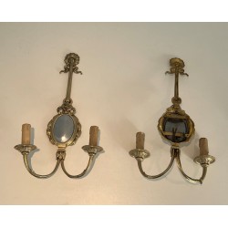 Set of Four Louis XVI Style Chiseled Bronze and Chrome Wall Sconces with Bow and Ribbon Decoration