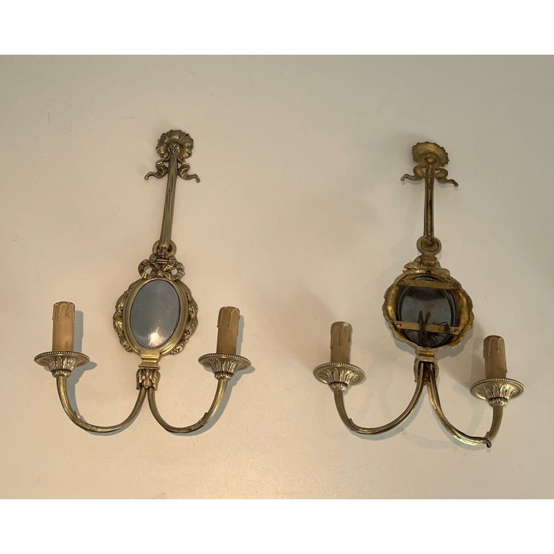 Set of Four Louis XVI Style Chiseled Bronze and Chrome Wall Sconces with Bow and Ribbon Decoration