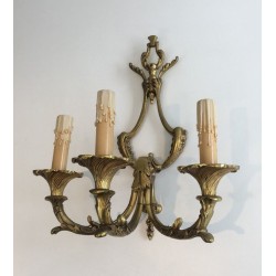 Pair of Large Louis XV Style Three-Light Bronze Wall Sconces