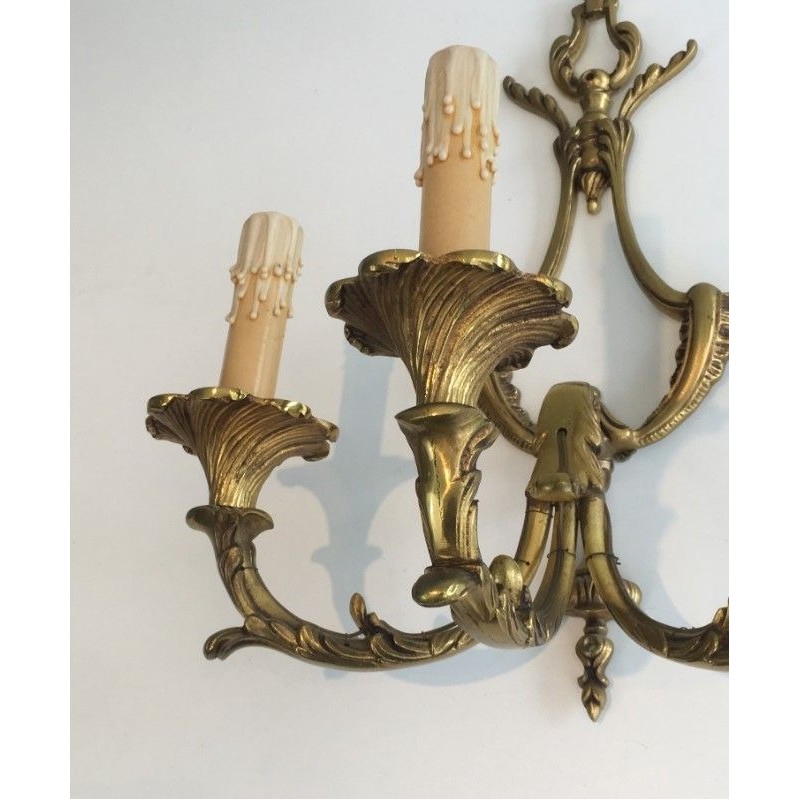 Pair of Large Louis XV Style Three-Light Bronze Wall Sconces