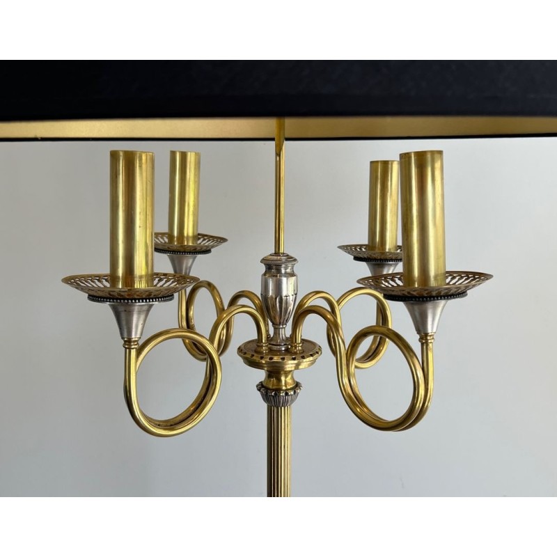 Pair of Neoclassical Steel and Brass Lamps, Hunting Horns, Style of Maison Charles, circa 1940