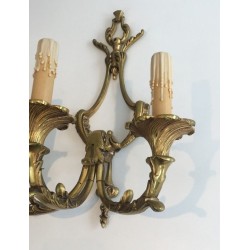 Pair of Large Louis XV Style Three-Light Bronze Wall Sconces