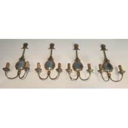 Set of Four Louis XVI Style Chiseled Bronze and Chrome Wall Sconces with Bow and Ribbon Decoration