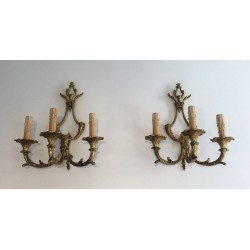 Pair of Large Louis XV Style Three-Light Bronze Wall Sconces
