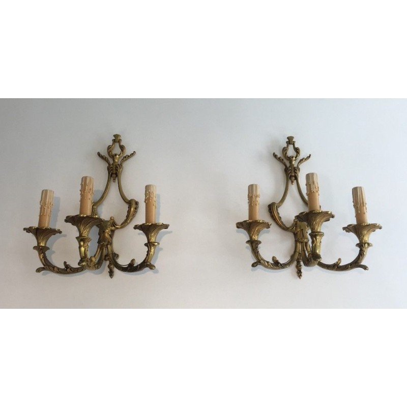 Pair of Large Louis XV Style Three-Light Bronze Wall Sconces