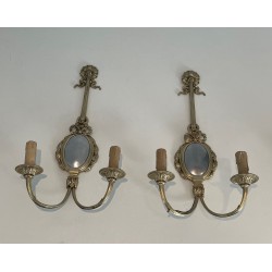 Set of Four Louis XVI Style Chiseled Bronze and Chrome Wall Sconces with Bow and Ribbon Decoration