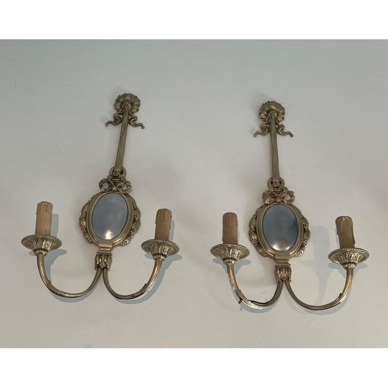 Set of Four Louis XVI Style Chiseled Bronze and Chrome Wall Sconces with Bow and Ribbon Decoration