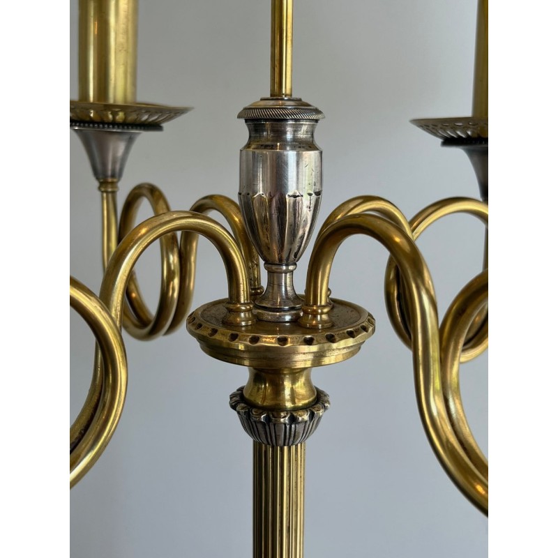 Paire de Lampadaires Néoclassiques Acier Laiton, Cors de Chasse, Maison Charles, vers 1940