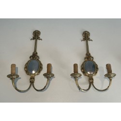 Set of Four Louis XVI Style Chiseled Bronze and Chrome Wall Sconces with Bow and Ribbon Decoration