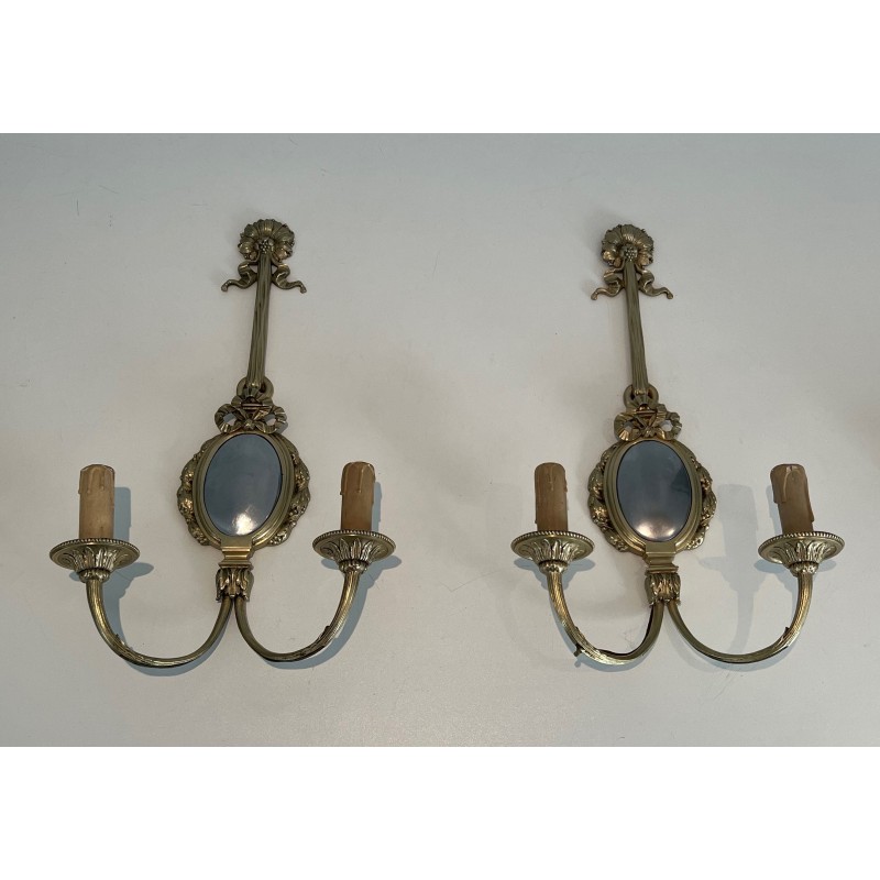 Set of Four Louis XVI Style Chiseled Bronze and Chrome Wall Sconces with Bow and Ribbon Decoration