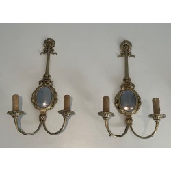 Set of Four Louis XVI Style Chiseled Bronze and Chrome Wall Sconces with Bow and Ribbon Decoration