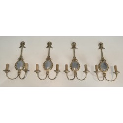 Set of Four Louis XVI Style Chiseled Bronze and Chrome Wall Sconces with Bow and Ribbon Decoration