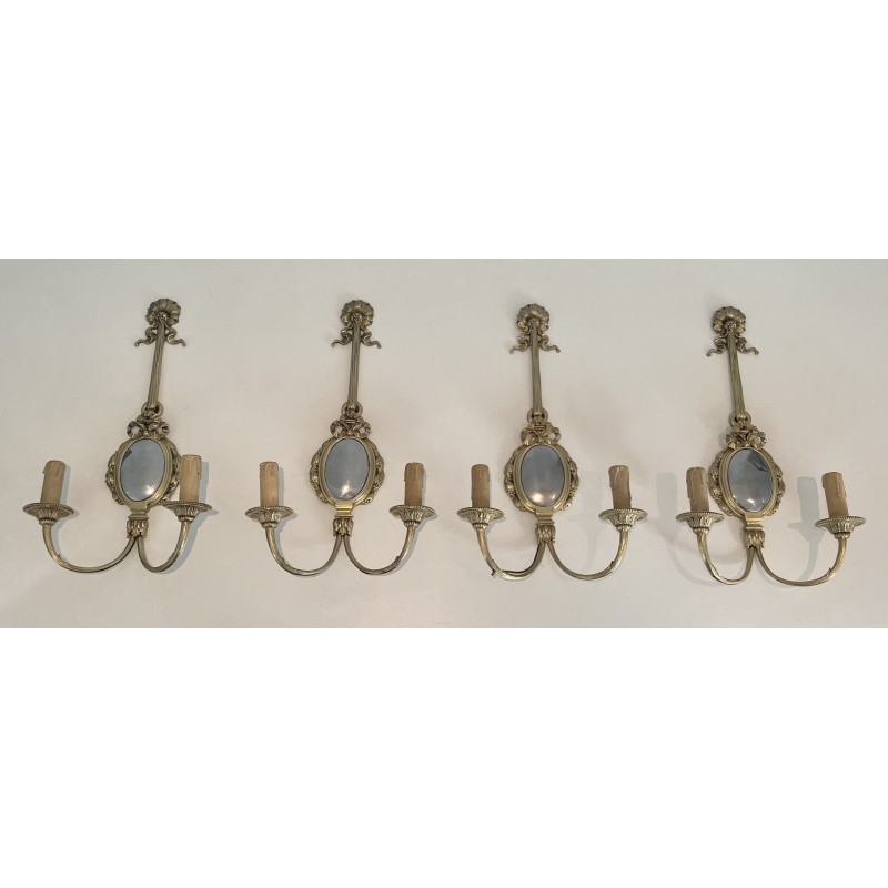 Set of Four Louis XVI Style Chiseled Bronze and Chrome Wall Sconces with Bow and Ribbon Decoration