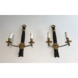 Pair of Bronze and Black Lacquered Sconces with Lion Heads