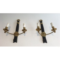 Pair of Bronze and Black Lacquered Sconces with Lion Heads