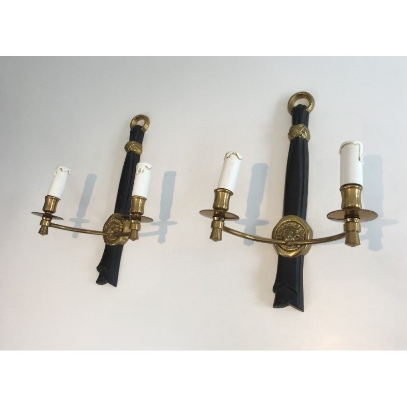 Pair of Bronze and Black Lacquered Sconces with Lion Heads