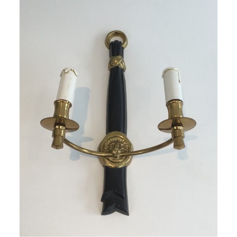 Pair of Bronze and Black Lacquered Sconces with Lion Heads