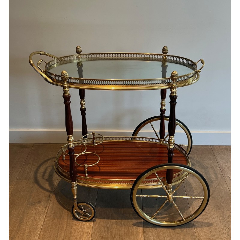 Neoclassical Oval Brass and Mahogany Drinks Trolley with Removable Trays by Maison Baguès