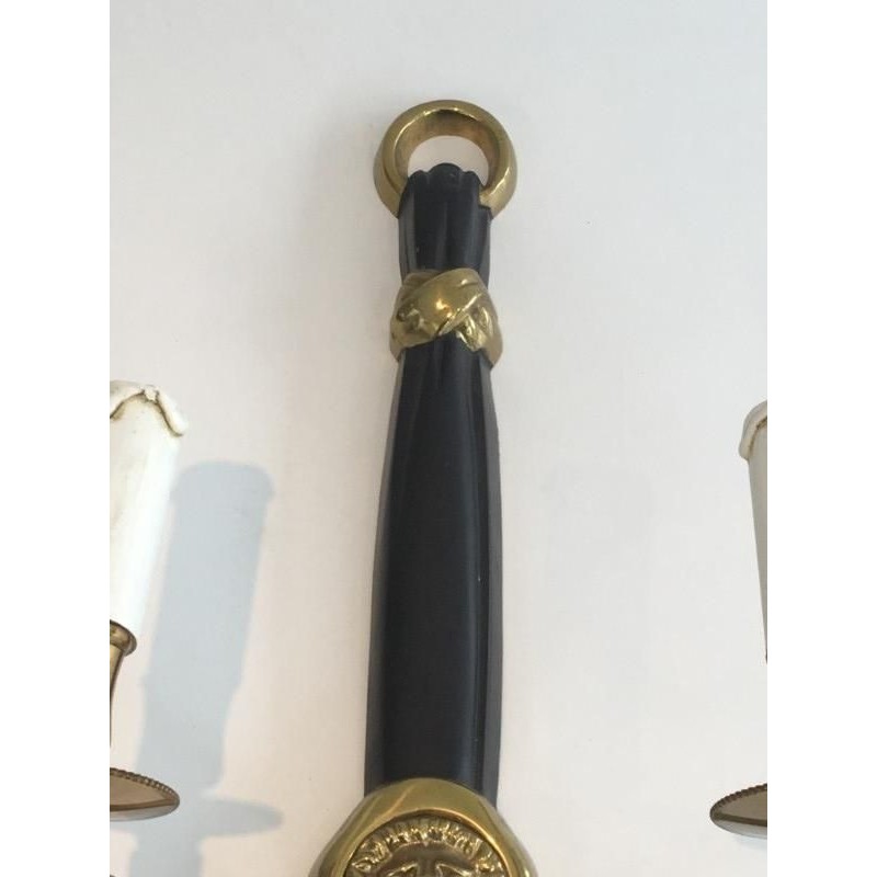 Pair of Bronze and Black Lacquered Sconces with Lion Heads