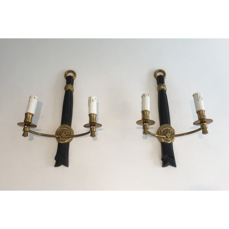 Pair of Bronze and Black Lacquered Sconces with Lion Heads