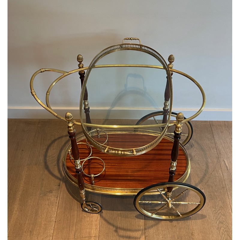 Neoclassical Oval Brass and Mahogany Drinks Trolley with Removable Trays by Maison Baguès