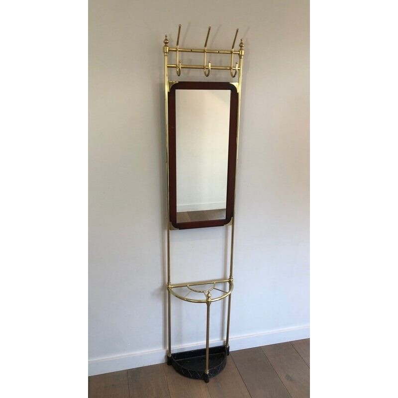Neoclassical Brass, Mahogany and Cast Iron Hall Stand with Mirror and Umbrella Stand