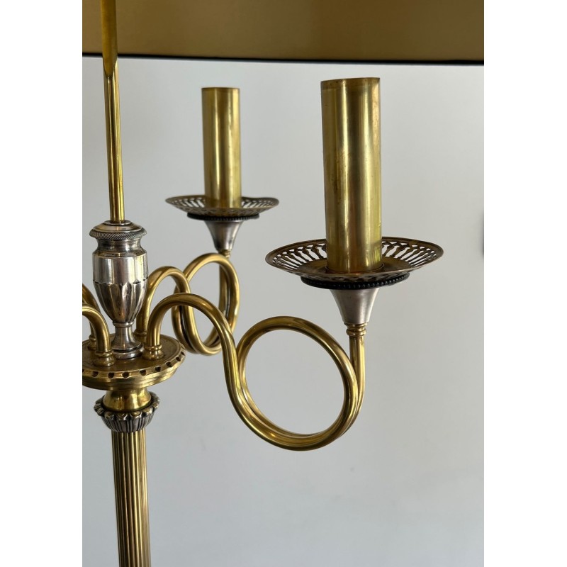 Paire de Lampadaires Néoclassiques Acier Laiton, Cors de Chasse, Maison Charles, vers 1940