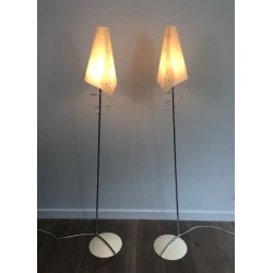 Paire de Lampadaires Design en Chrome, Métal Laqué Blanc et Abat-Jours en Plastique