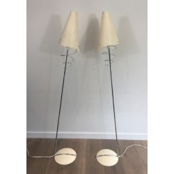 Paire de Lampadaires Design en Chrome, Métal Laqué Blanc et Abat-Jours en Plastique