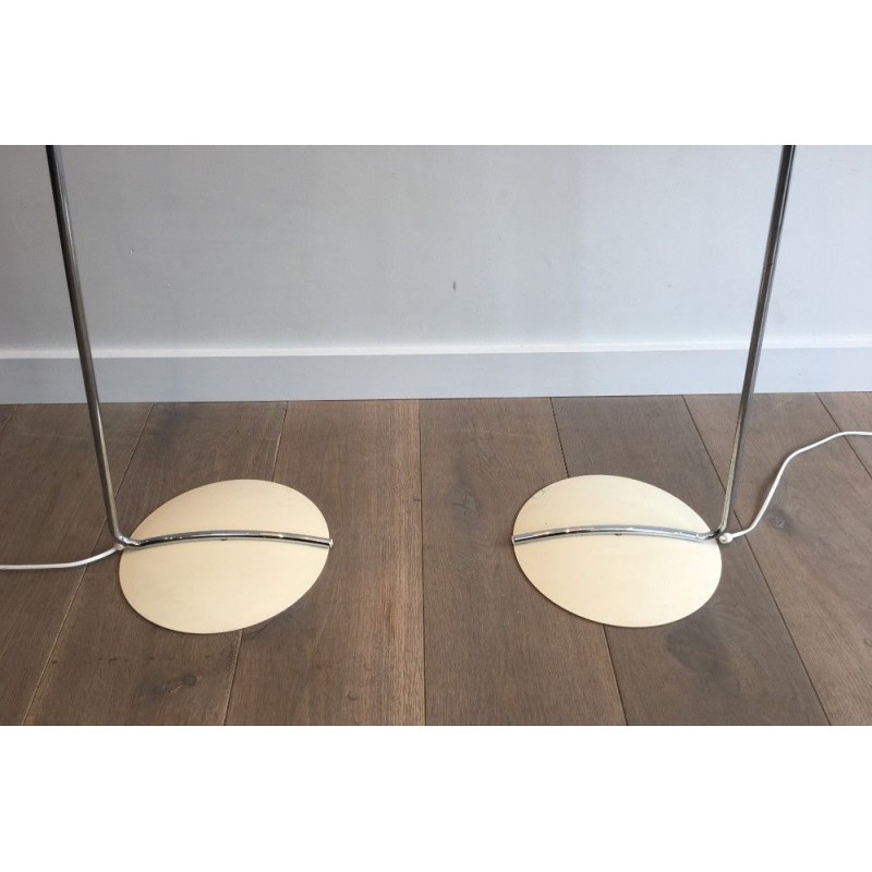 Pair of Design Floor Lamps in Chrome with White Lacquered Bases and Plastic Shades
