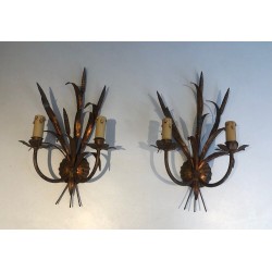 Pair of Gilt Metal Wheat Sheaf Wall Sconces, in the Style of Coco Channel
