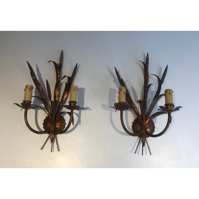 Pair of Gilt Metal Wheat Sheaf Wall Sconces, in the Style of Coco Channel